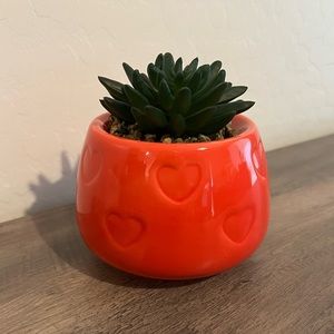 Valentines Day Faux Succulent Red Heart Embossed Print Plant in Pot